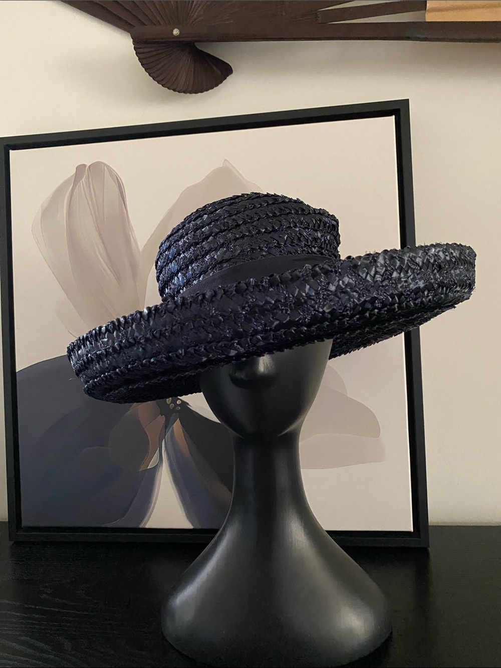 Vintage 60’s Midnight Blue Raffia Hat With Grosgrain Ribbon Detail